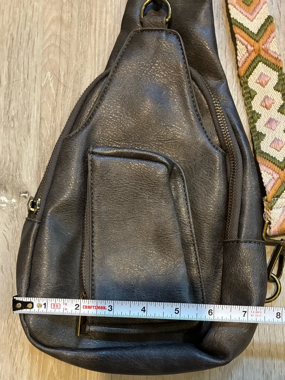 Green Vegan Leather Crossbody Sling Bag with Patterned Strap